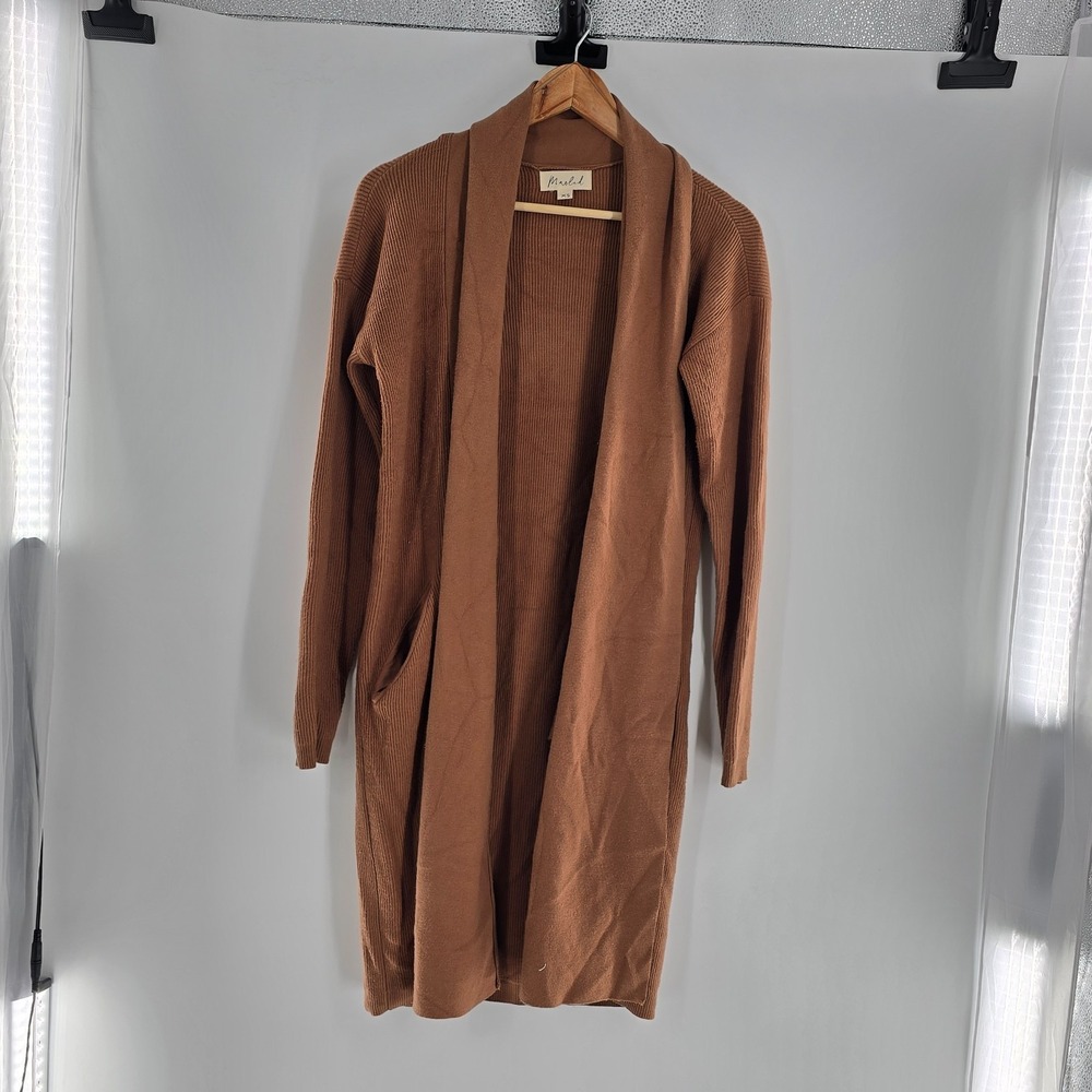 Marled Womens Brown Ribbed Open Front Long Line Long‎ Sleeve Cardigan Size XS